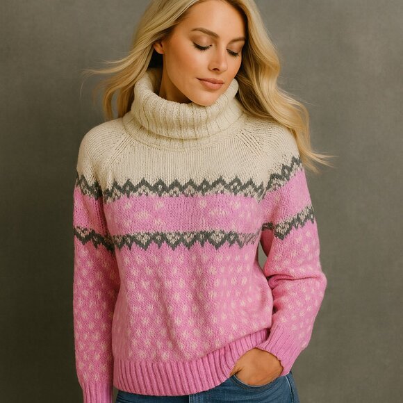 Vintage Route 66 Pink White Fair Isle Turtleneck Sweater Large 90s Kmart Angora - Picture 1 of 7